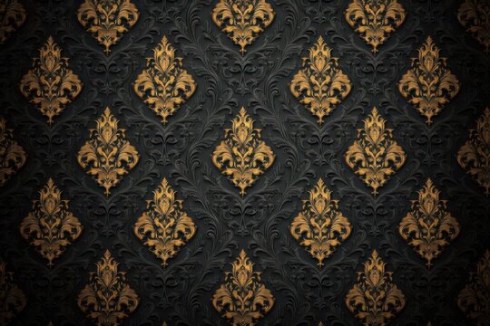 Fototapeta Rich gold and black damask wallpaper with intricate patterns, exuding timeless luxury