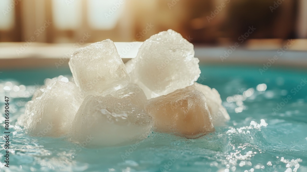 Poster a pile of ice cubes is seen floating in a calm blue swimming pool on a sunny day, capturing the esse