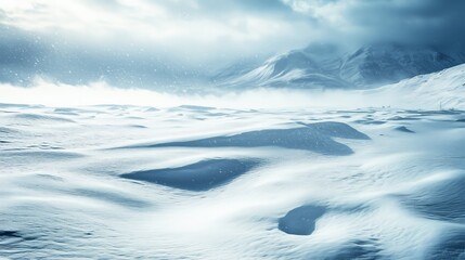 A serene winter landscape featuring vast, undisturbed snowdrifts and a moody mountain backdrop.