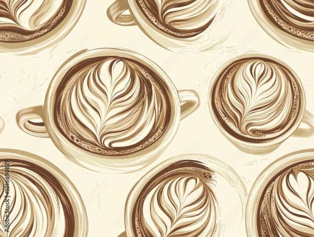 Poster seamless featuring a repeating pattern of expertly crafted latte cups with intricate swirling foam d