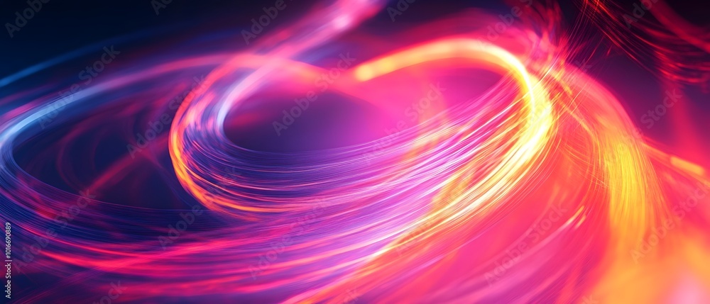 Poster glowing fiber optic strands swirling in mesmerizing abstract patterns creating a futuristic and tech