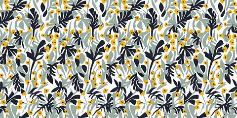 Modern printed fabric flower block print pattern with linen texture effect. Stylized boho dark floral for chic fashion background motif border design.