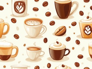 Obraz premium This seamless pattern features a variety of coffee mugs with intricate latte art designs such as hearts leaves and other creative patterns all surrounded by scattered coffee beans in a simple