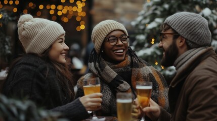 Three friends of different nationalities wearing warm winter clothes enjoy drinks outside in a winter setting. They sit at the table, smile and chat happily.