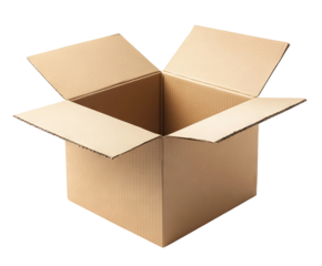 Open cardboard box with flaps, isolated on transparent cutout background