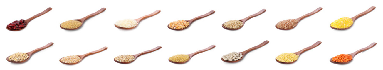 Different cereal grains and beans in wooden spoons on white background, collection