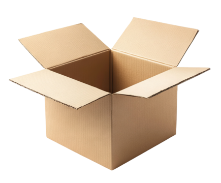 Open cardboard box with flaps, isolated on transparent cutout background