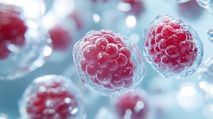  Human stem cell therapy research in 3D: Explore cellular biology, cancer treatment, DNA, nucleus, and protein. Highlighting molecular division for medical biotechnology. 
