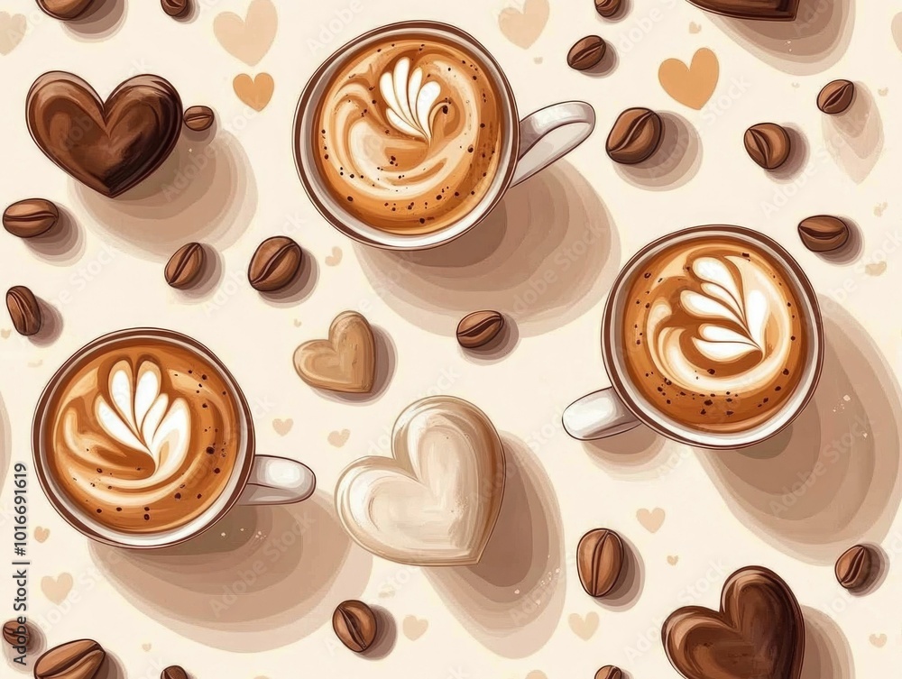 Poster stylized showcasing a collection of coffee cups with swirling heart shaped foam art scattered across