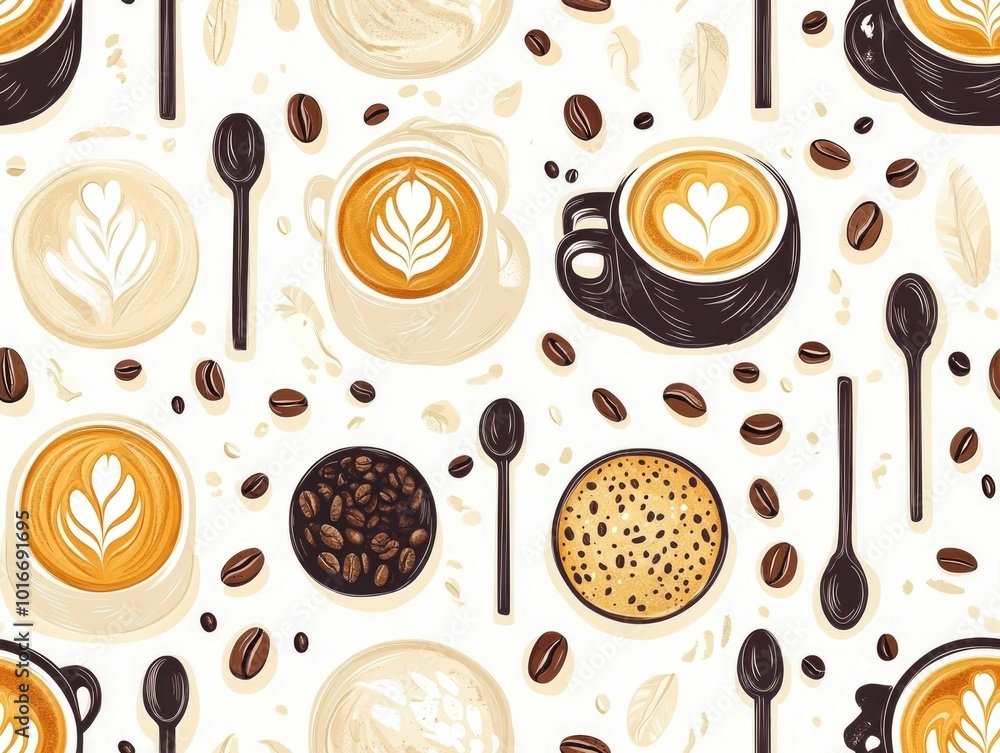 Poster seamless repeating pattern featuring a collection of coffee mugs showcasing intricate latte art desi