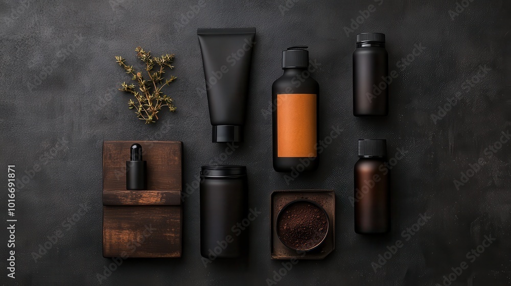 Poster an arrangement of minimalistic dark containers on a textured surface, showcasing sleek design and va