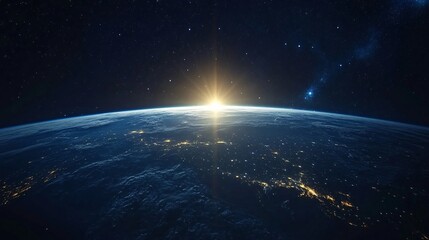 A breathtaking view of Earth from space, showcasing a glowing sunrise above the horizon, with sparkling city lights visible in the dark.