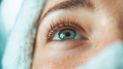 A detailed close-up of a human eye focusing on the vivid green iris and fine textures of the skin, highlighting the intricate patterns and natural beauty.