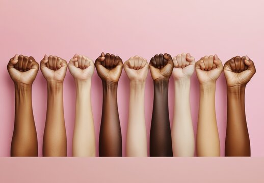 In the picture, women are clasping hands together on a pink background. There are no feet. This illustrates the equality of women regardless of their race. - Powered by Adobe