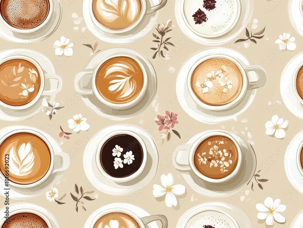 Poster beautifully crafted depicting a repeating pattern of espresso cups filled with floral inspired foam 