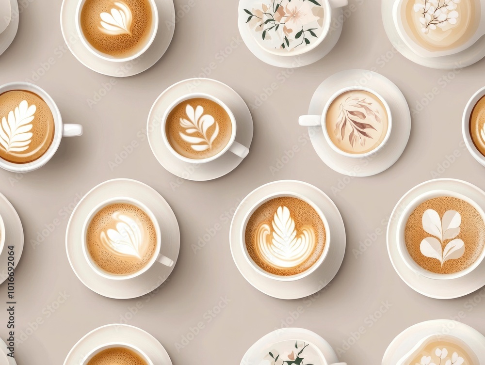 Poster elegant showcasing a repeating geometric pattern of espresso cups with delicate floral foam designs 