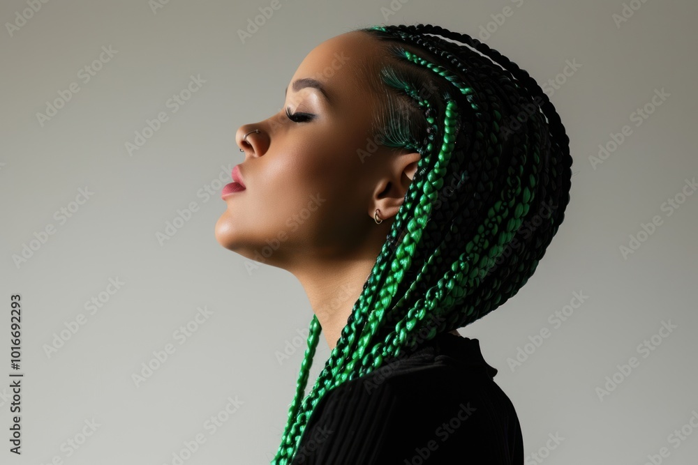 Canvas Prints European young woman with vivid green black braids hair portrait fashion adult.