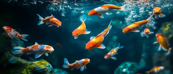 Fototapeta premium Mesmerizing glowing koi fish swimming gracefully in a tranquil dark pond creating an ethereal and peaceful underwater scene