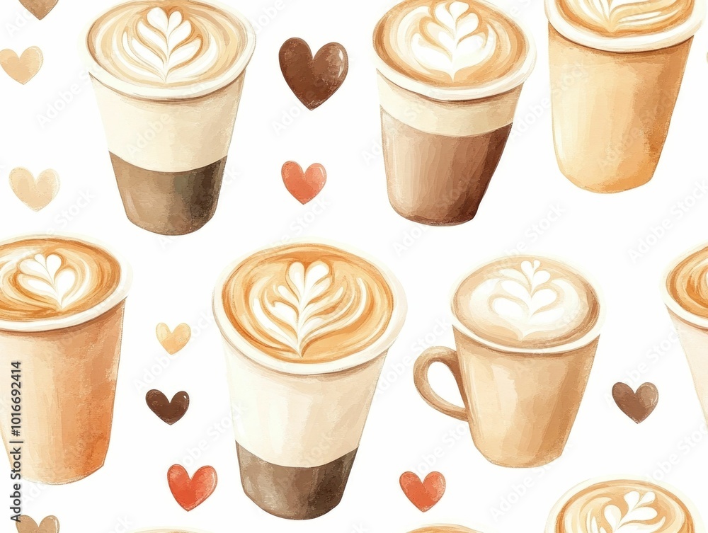 Poster muted pastel colored pattern featuring a collection of coffee cups adorned with intricate latte art 