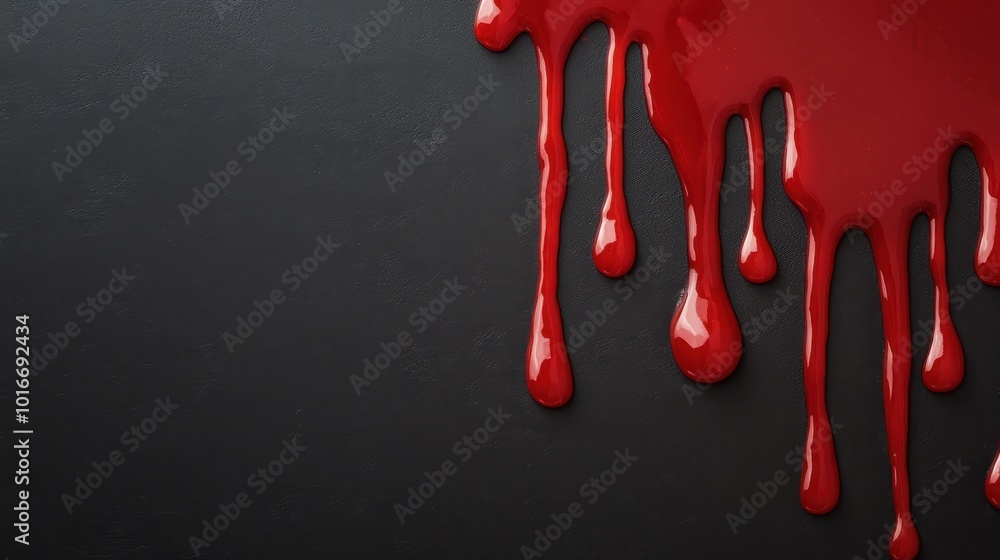 Poster vibrant red paint drips down a dark textured background, creating a stark contrast and a visually st