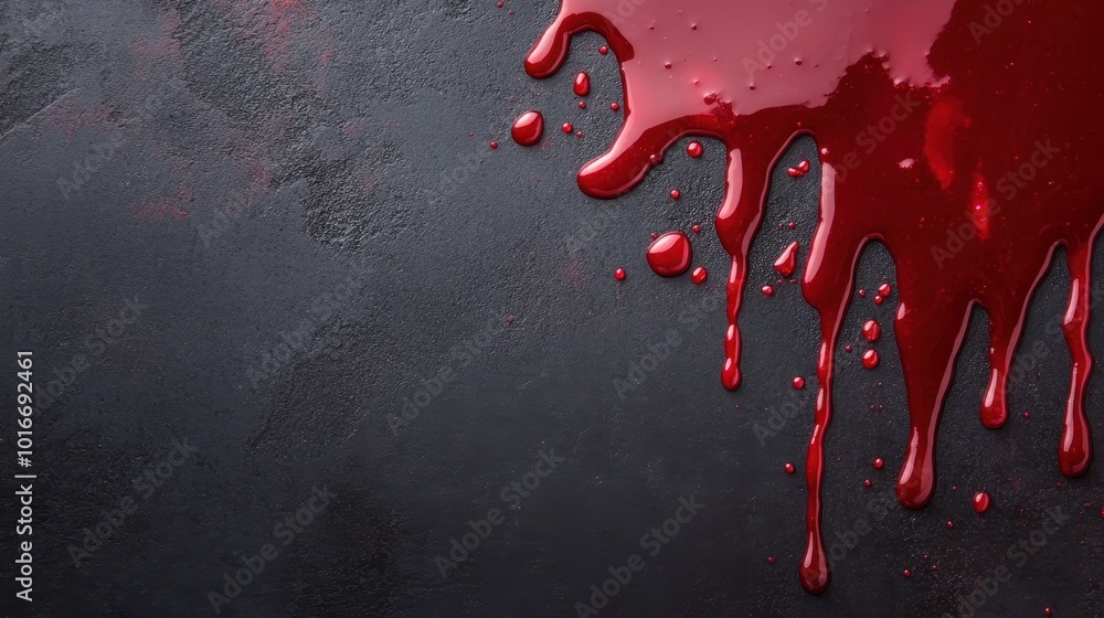 Poster drips of red liquid form a pattern on a dark surface, creating a dramatic and expressive artwork tha