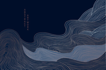 vector abstract japanese style landscapes lined waves in black and gold colours	