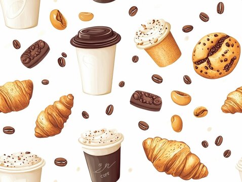 Seamless featuring a repeating pattern of coffee cups  coffee beans  and croissants   perfect for caf   restaurant  or bakery themed branding  packaging  menu designs