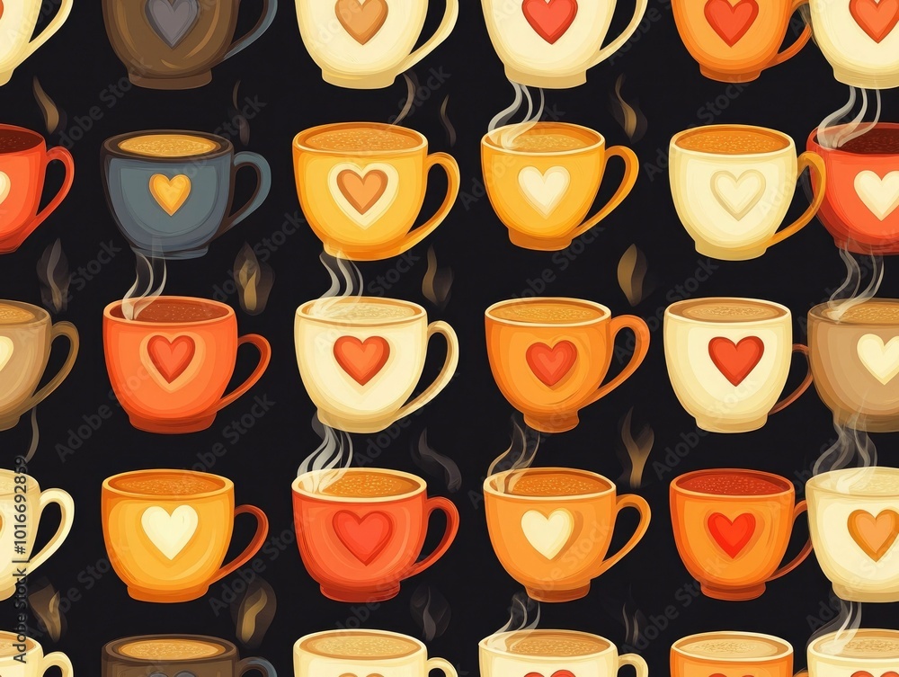 Poster warm and inviting repeating pattern of coffee cups with steam and heart shaped foam art showcasing a