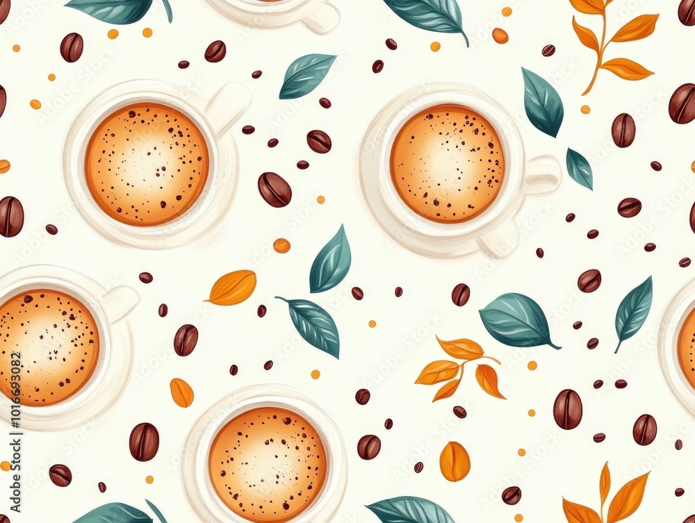 Poster stylized seamless pattern featuring a repeating design of various espresso cups coffee beans and foa