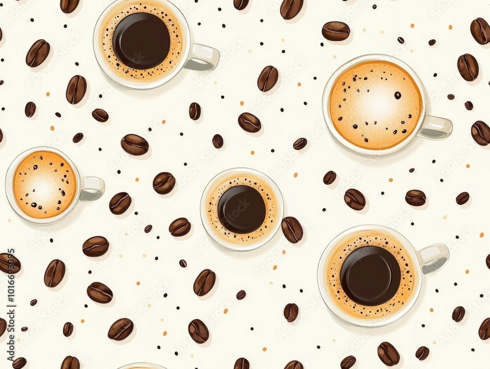 Poster seamless pattern featuring stylized espresso cups coffee beans and foam art designs in a minimal mod