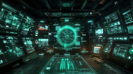 Fototapeta premium HUD (Graphical User Interface), illustration with tech circles in green, neon blue and white on dark background. Technology and futuristic style.