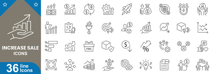 Increase line sale icons set. Shopping, dollar, percentage, graph, target, handshake, lightbulb, credit and more. vector illustrator.