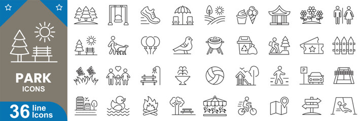 Park outline icons set. Tree, bench, trash, playground, swing, bicycle, walking, flower, parking and more. vector illustrator.