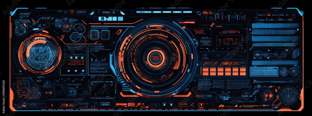 Poster this futuristic hud features a complex array of cyberpunk-inspired interfaces, glowing lines, and in
