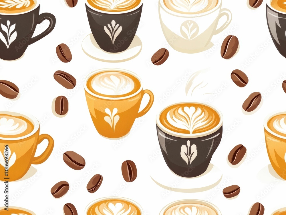 Poster vibrant showcasing a mesmerizing pattern of artfully designed coffee cups delicate latte foam swirls