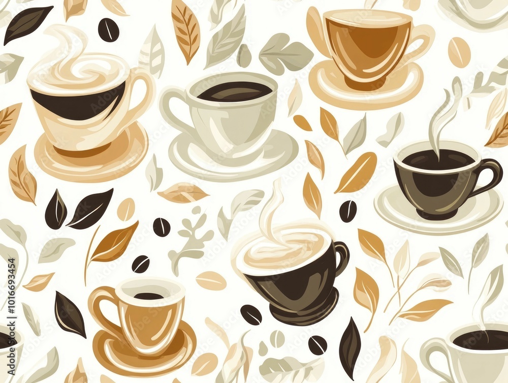 Poster Elegant and modern showcasing a seamless repeating pattern of coffee themed elements  including various types of cups  steam  and coffee beans  all rendered in a soft  neutral color palette