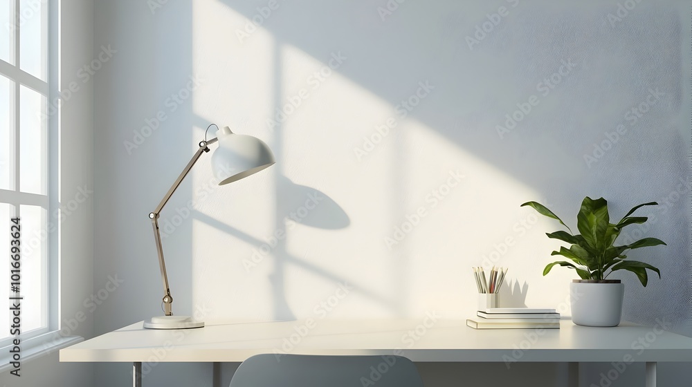 Poster minimalist desk with neutral backdrop and modern lamp for a focused workspace