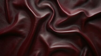 Close-up of deep burgundy leather fabric showcasing smooth, flowing textures and rich color, ideal for design and fashion backgrounds.