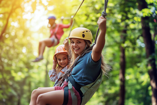 A family enjoying a day of zip-lining, with each member riding in tandem through a dense forest.