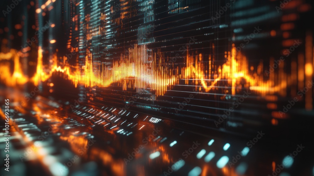 Poster abstract visualization of sound waves with vibrant colors and digital effects.