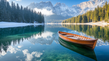 Obraz premium Tranquil Lake with Reflections of Snowy Mountains and Pine Trees