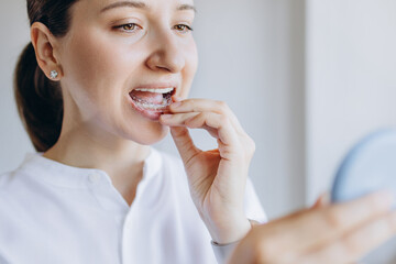 Young Woman Is Putting On Her Invisible Removable Braces Aligner While Looking In The Mirror. Dental Health Medical Care Concept.