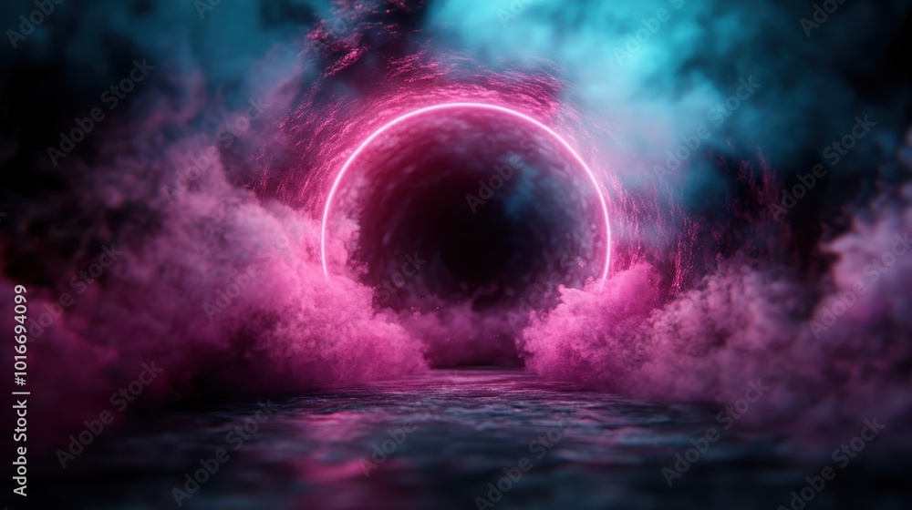 Poster a dynamic futuristic landscape featuring vibrant pink and teal clouds surrounding a glowing neon cir