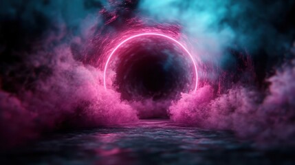 A dynamic futuristic landscape featuring vibrant pink and teal clouds surrounding a glowing neon circle, creating a captivating and surreal visual scene.