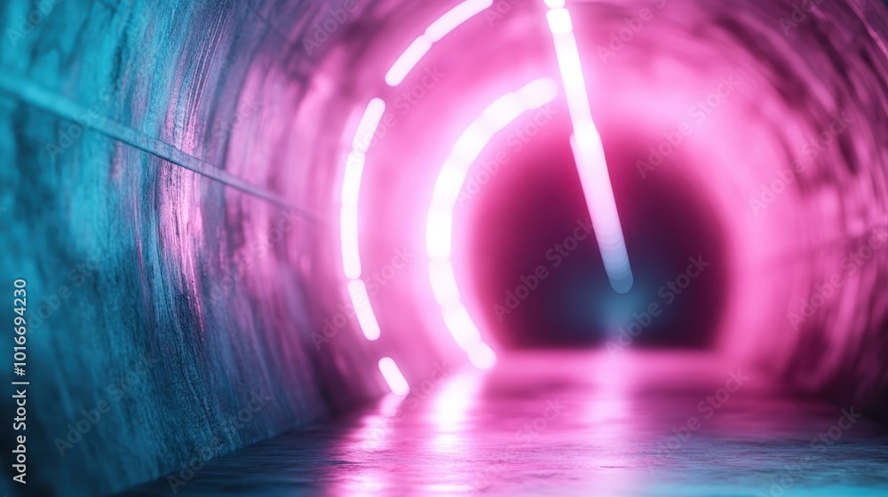Poster a surreal scene with pink and blue neon arcs illuminating the tunnel, casting reflections on the shi