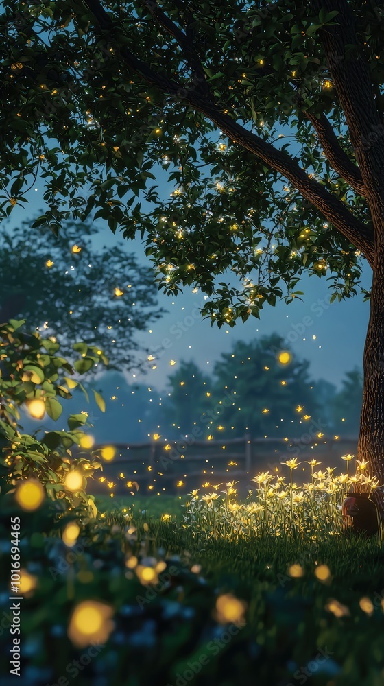Poster magical evening scene with glowing fireflies in a serene forest, creating a whimsical atmosphere of 