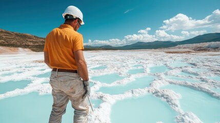 A worker wearing protective gear stands on the edge of expansive turquoise salt pools, examining the gleaming surface under a bright blue sky.