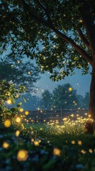 Obraz premium Magical evening scene with glowing fireflies in a serene forest, creating a whimsical atmosphere of nature and tranquility.