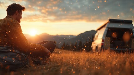 A person enjoys the warm glow of sunset beside their parked camper van, surrounded by wild grass, with small sparks floating in the evening air.