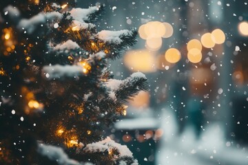 Christmas tree outdoor with snow, lights bokeh around, and snow falling, Christmas atmosphere. MZ